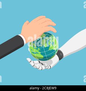 Flache 3d isometrische Geschäftsmann und ai Roboter Hand zum Schutz der Welt zusammen. KI Künstliche Intelligenz und futuristisches Konzept.