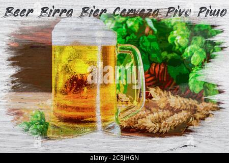 Aquarell Malerei von Bier und Bier Wort in verschiedenen Sprachen Stockfoto