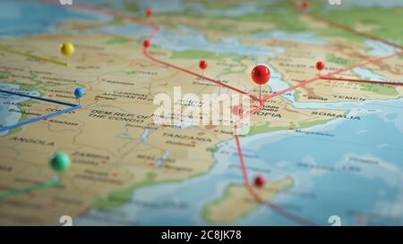 Positionsmarkierung mit einer Nadel auf einer Karte mit Routen. Abenteuer, Entdeckung, Navigation, Kommunikation, Logistik, Geographie, Transport und Reisen Thema Co Stockfoto