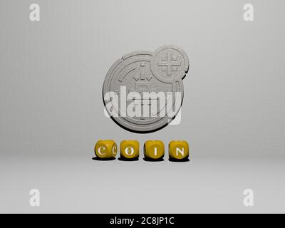 3D-Grafik-Bild der MÜNZE vertikal zusammen mit Text von metallischen kubischen Buchstaben aus der oberen Perspektive gebaut, ausgezeichnet für das Konzept Präsentation und Diashows. Illustration und Business Stockfoto