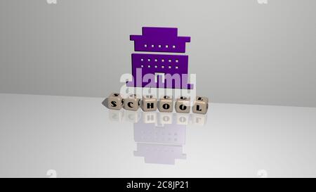 3D-Grafik-Bild der SCHULE vertikal zusammen mit Text von metallischen kubischen Buchstaben aus der oberen Perspektive gebaut, ausgezeichnet für das Konzept Präsentation und Diashows. Illustration und Bildung Stockfoto