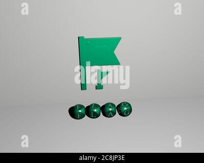 3D-Grafik-Bild der FLAGGE vertikal zusammen mit Text von metallischen kubischen Buchstaben aus der oberen Perspektive gebaut, ausgezeichnet für das Konzept Präsentation und Diashows. Illustration und Hintergrund Stockfoto