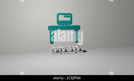 3D-Grafik des Schreibtisches vertikal zusammen mit Text von metallischen kubischen Buchstaben aus der oberen Perspektive gebaut, ausgezeichnet für das Konzept Präsentation und Diashows. Business und Hintergrund Stockfoto