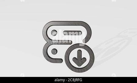 SERVER-DOWNLOAD wirft Schatten mit zwei Lichtern. 3D-Illustration von metallischen Skulptur auf einem weißen Hintergrund mit milder Textur. Daten und Computer Stockfoto