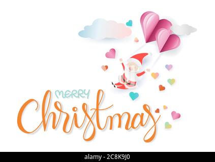 Frohe weihnachten handgezeichnete Schriftzug mit santa schwimmend von rosa Herz Form Ballon und Wolke auf weißem Hintergrund. vektor-Illustration Stock Vektor