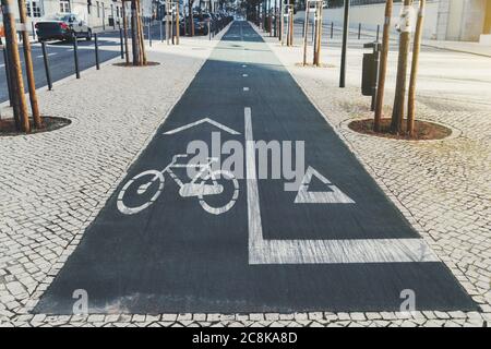 Weitwinkelansicht einer asphaltierten Fahrradspur und einer Laufstrecke Flächen in städtischen Umgebungen umgeben von Pflastersteinen, kleinen Bäumen Stockfoto