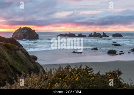 Ende des Tages am Strand ein bisschen Farbe in den dunklen Wolken und die prominenten Felsen kennzeichnet charakteristischen Face Rock State Park, Bandon Oregon Stockfoto