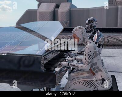 Nahaufnahme eines Roboters und einer Frau, die Klavier spielt - 3d-Rendering Stockfoto