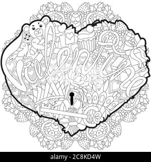 Skizzenhafte Doodle Herz Illustration mit Wort VALENTINE mit Mandala Stock Vektor