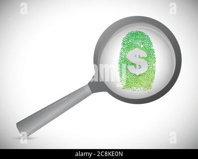 Geld Fingerabdruck unter einem vergrößerten Glas. Illustration Design über weiß Stock Vektor