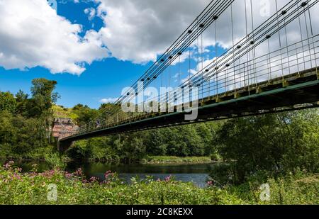 Union Suspension Bridge, 200 Jahre alte Schmiedeeisen-Kettenbrücke, Englisch Schottische Grenzüberquerung über den Fluss Tweed, Großbritannien Stockfoto