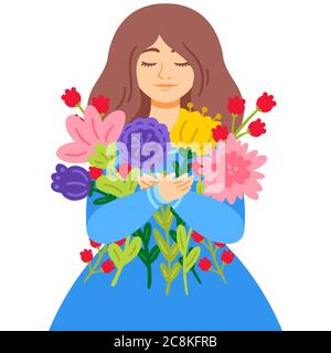 Frau in einem blauen Kleid mit einem Blumenstrauß. Muttertag. 8. März Internationale Frauentag Grußkarte Konzept. Vektordarstellung isoliert ein Stock Vektor