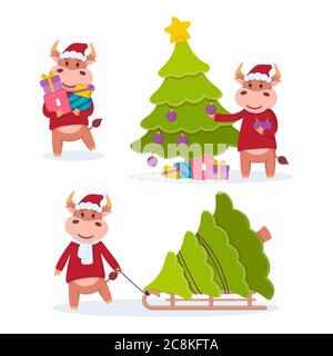 Stier trägt Geschenke, schleppt auf einem Schlitten ein schmückt einen Weihnachtsbaum. Jahr des Ochsen. Glückliche Kühe eingestellt. Neujahr und fröhliche weihnachten Vektor Illustration. Ch Stock Vektor