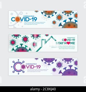 Bunte Covid-19 Vektor-Banner-Vorlagen mit Viren-Symbolen. Verschiedene neuartige Coronavirus-Konzeptionen. Stock Vektor