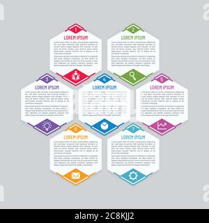 Infografik Vektor-Vorlage mit Wabenformen. Farbenfrohes sechseckiges Bannerdesign. Stock Vektor