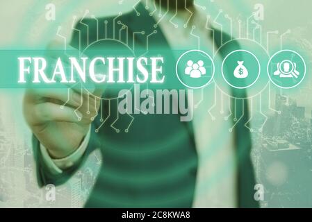 Textschild mit Franchise. Geschäftsfoto mit Rechten oder Lizenzen, die einer Einzelperson oder Gruppe gewährt wurden, um die Kontrolle des Systemadministrators zu vermarkten Stockfoto