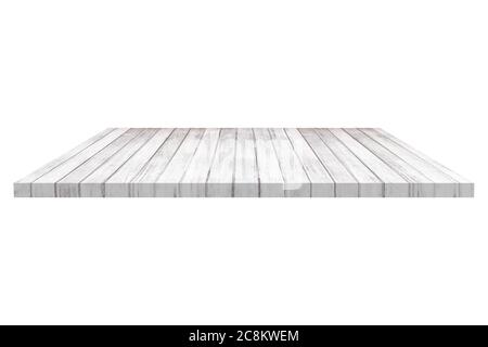 Perspektive isoliert weißen Holzboden. Weiße Holzregal Textur für Hintergrund. Stockfoto
