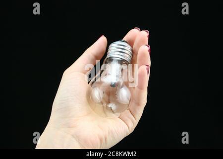 Die Hand der Frau hält eine klare Glühbirne mit einem schwarzen Hintergrund. Stockfoto