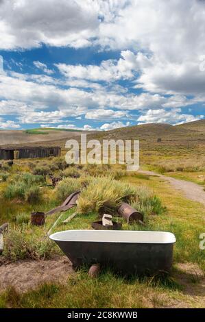 Die Badewanne im alten Retro-Stil wurde in einem grasbewachsenen Trockengebiet aufgegeben. Stockfoto