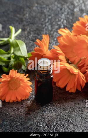 Eine dunkle Flasche ätherisches Öl mit frischen Ringelblumen Stockfoto