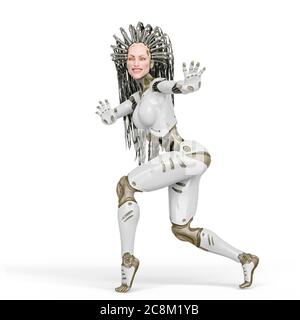 Super Cyborg lächelt und geht auf Zehenspitzen, 3d-Illustration Stockfoto