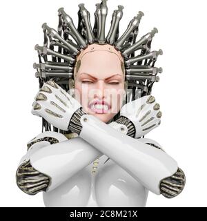 Super Cyborg ist wütend und das Gefühl bereit für Krieg Nahaufnahme, 3d-Illustration Stockfoto