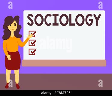 Wortschschreibungstext Soziologie. Business Foto zeigt wissenschaftliche Analyse einer sozialen Institution als eine funktionierende ganze weibliche Hu Analyse stehend Stockfoto