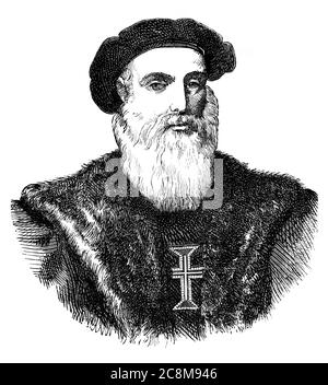 Ein graviertes Illustrationsportrait des portugiesischen Entdeckers Vasco De Gama von Portugal aus einem viktorianischen Buch von 1877, das nicht mehr urheberrechtlich geschützt ist Stockfoto