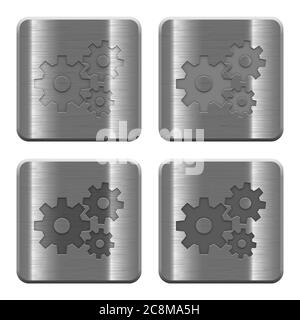 Festlegen der Zahnräder Tasten Vektor in gebürstetem Metall Stil. Layer, Farbe und Grafikstil Struktur angeordnet. Stock Vektor