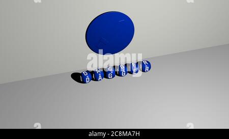 3D-Illustration von Dolchgrafiken und Text aus metallischen Würfelbuchstaben für die damit verbundenen Bedeutungen des Konzepts und der Präsentationen. Klinge und Hintergrund Stockfoto