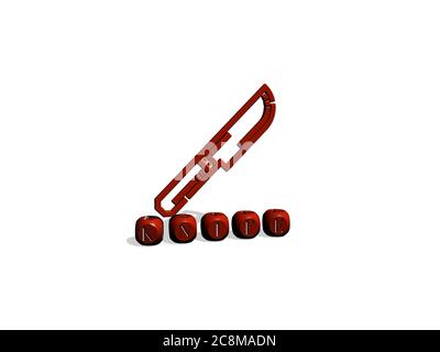3D-Illustration von Messer-Grafiken und Text von metallischen Würfel Buchstaben für die damit verbundenen Bedeutungen des Konzepts und Präsentationen. Hintergrund und Gabel Stockfoto