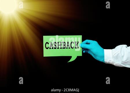 Wort schreiben Text Cashback. Business Foto zeigt tatsächliche Bargeld, das auf eine Kreditkarte Rechnung angewendet werden kann und erhalten Anzeige leer Sticker Pape Stockfoto