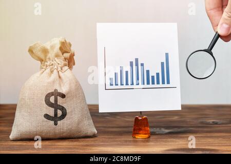 Eine Tasche mit einem Bild von Geld neben einer Finanzkarte und einer Lupe. Konzept der Gewinnanalyse Stockfoto