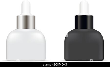 Set aus realistischen Kunststoff- oder Mattglas-Flaschen mit Tropf. Kosmetikdose für Bio-Aromaöl, Anti-Aging-Essential, Kollagen-Serum für Schönheit. Mock Stock Vektor
