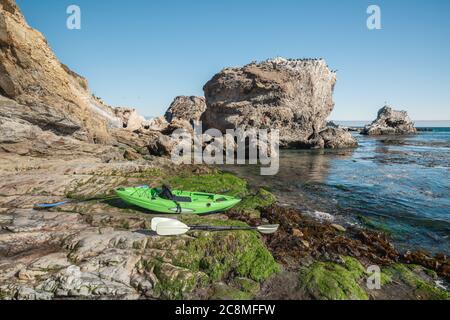 Kajak am Strand mit Blick auf den Pazifik und felsige Klippen mit Vogelscharen, Kalifornien Stockfoto