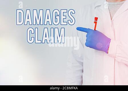 Schriftliche Notiz mit Schadenersatzanspruch. Geschäftskonzept für sucht, um den Schaden oder die Haftung der Opfer Partei Labor Blutprobe Sho zu reparieren Stockfoto