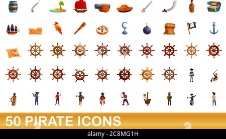 50 Pirate Icons Set. Cartoon Illustration von 50 Piraten-Symbole Vektor-Set isoliert auf weißem Hintergrund Stock Vektor