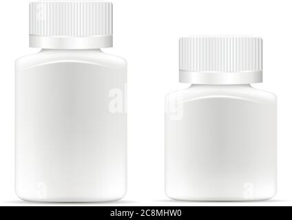 Pharmaceutical breite quadratische Drogenflasche für Pillen, Kapseln. Weißer Behälter Modell. 3d-Vektordarstellung. Stock Vektor