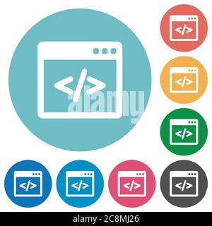 Flaches Programmiercode-Symbol auf rundem Farbhintergrund. 8 Farbvarianten im hellen Tem enthalten. Stock Vektor