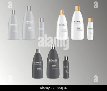 Vektor-Illustration der Marke Kosmetische Flasche Nachbau Set-Pakete mit verschiedenen Deckeln auf weißem Hintergrund isoliert. Stock Vektor