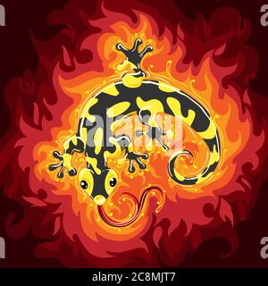 Feuer Salamander auf Flamme Hintergrund. Vektorgrafik. Stock Vektor