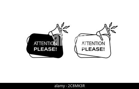 Achtung bitte. Abzeichen mit Megaphon-Symbol. Vektor auf isoliertem weißem Hintergrund. EPS 10 Stock Vektor