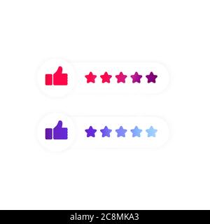 Symbol für die Produktbewertung des Kunden ist flach. Aufkleber, Taste. Social Media consept. Daumen hoch und 5 Sterne. Wie 5 Sterne. Vektor auf isoliertem weißem Hintergrund Stock Vektor