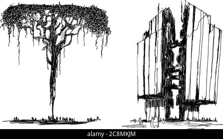 Zwei handgezeichnete künstlerische Federzeichnungen moderner, hochfuturistischer Gebäude und hoher, baumlicher Struktur mit Menschen in der Umgebung Stock Vektor