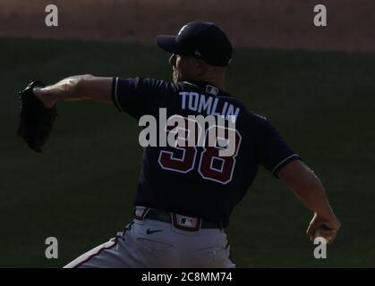 Queens, Usa. Juli 2020. Atlanta Braves Pitcher Josh Tomlin wirft am Samstag, 25. Juli 2020 in New York City einen Pitch gegen die New York Mets im Citi Field. Die Braves besiegten die Mets 5-3 in 10 Innings Foto von John Angelillo/UPI Kredit: UPI/Alamy Live News Stockfoto