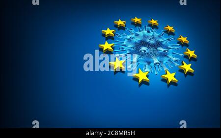 EU-Krankheit und Europa oder EU-Pandemie als Coronavirus oder covid-19 in Frankreich Deutschland Italien und England als 3D-Render. Stockfoto