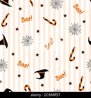Nahtloses Muster mit halloween Hut, Bonbons und Spinnennetz auf weißem Hintergrund. Für Geschenkpapier, Einladungen, Webdesign. Vektordarstellung in Stock Vektor