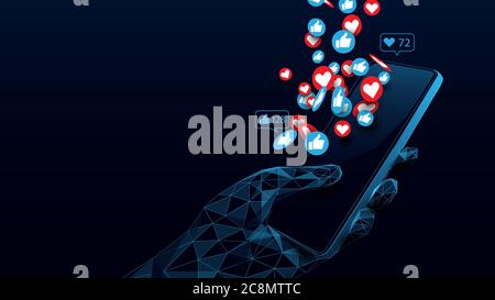 Social Media-Konzept. Hand hält Smartphone mit wie, Liebe Icons. Poly- und Drahtmodell-Design. Vektorgrafik Stock Vektor