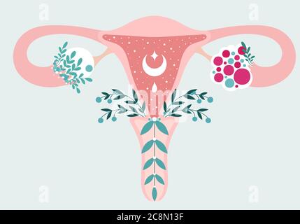 PCOS - Anatomisches Schema des Uterus in den Blumen. Polyzystisches Ovar-Syndrom - Diagramm des Fortpflanzungssystems. Frauen Gesundheit Stock Vektor