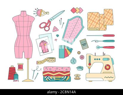 Professionelles Nähen Tuch Set-Element. Schneider und Mode Designer-Tools Stock Vektor